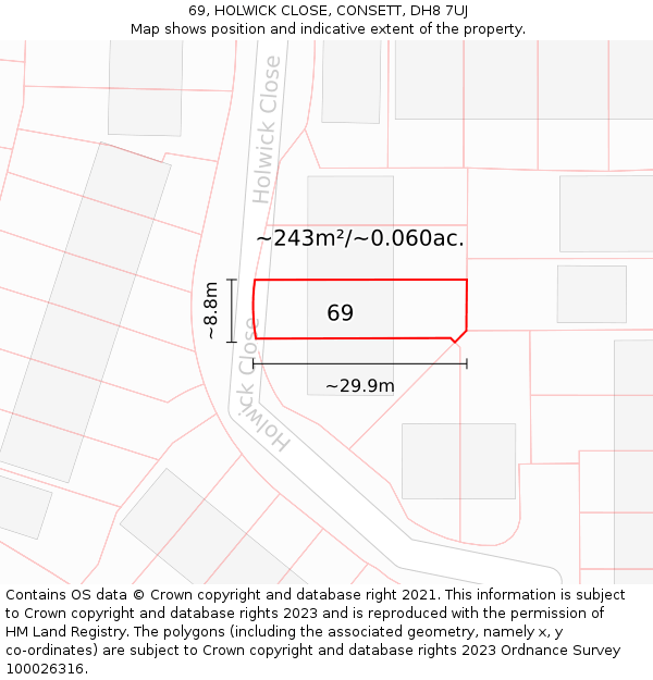 69, HOLWICK CLOSE, CONSETT, DH8 7UJ: Plot and title map