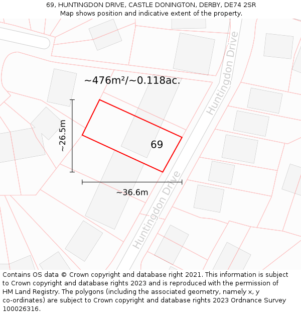 69, HUNTINGDON DRIVE, CASTLE DONINGTON, DERBY, DE74 2SR: Plot and title map