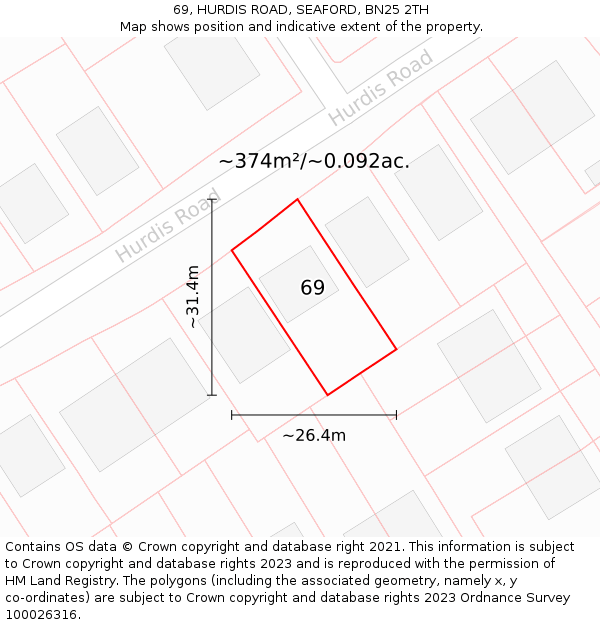 69, HURDIS ROAD, SEAFORD, BN25 2TH: Plot and title map