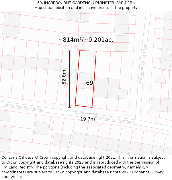 69, INGREBOURNE GARDENS, UPMINSTER, RM14 1BN: Plot and title map