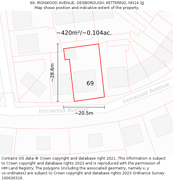 69, IRONWOOD AVENUE, DESBOROUGH, KETTERING, NN14 2JJ: Plot and title map