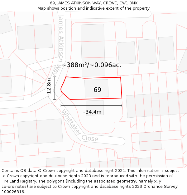 69, JAMES ATKINSON WAY, CREWE, CW1 3NX: Plot and title map