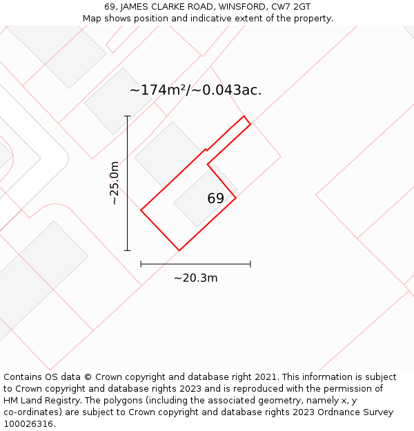 69, JAMES CLARKE ROAD, WINSFORD, CW7 2GT: Plot and title map