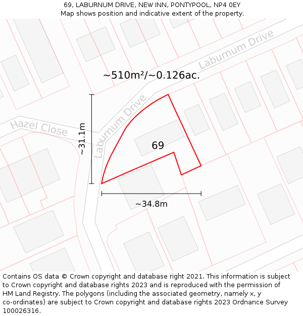 69, LABURNUM DRIVE, NEW INN, PONTYPOOL, NP4 0EY: Plot and title map