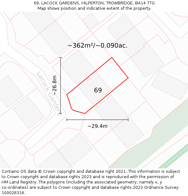 69, LACOCK GARDENS, HILPERTON, TROWBRIDGE, BA14 7TG: Plot and title map