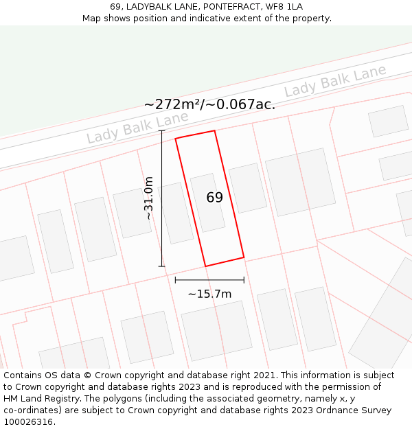 69, LADYBALK LANE, PONTEFRACT, WF8 1LA: Plot and title map