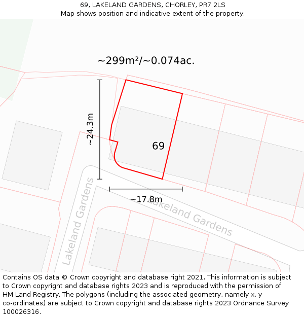 69, LAKELAND GARDENS, CHORLEY, PR7 2LS: Plot and title map