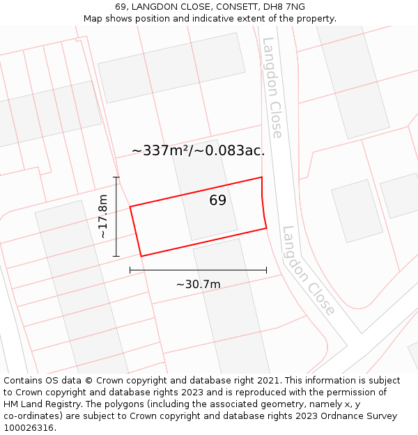 69, LANGDON CLOSE, CONSETT, DH8 7NG: Plot and title map