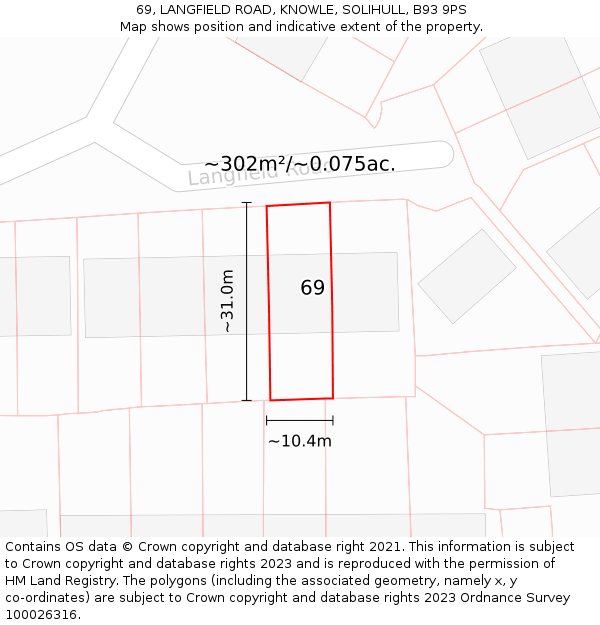 69, LANGFIELD ROAD, KNOWLE, SOLIHULL, B93 9PS: Plot and title map