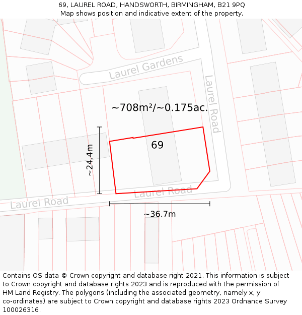 69, LAUREL ROAD, HANDSWORTH, BIRMINGHAM, B21 9PQ: Plot and title map