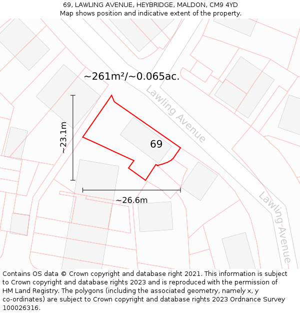 69, LAWLING AVENUE, HEYBRIDGE, MALDON, CM9 4YD: Plot and title map