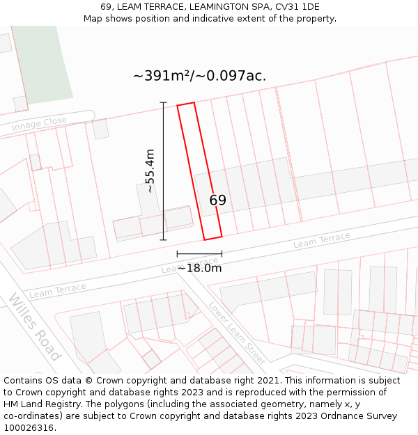 69, LEAM TERRACE, LEAMINGTON SPA, CV31 1DE: Plot and title map