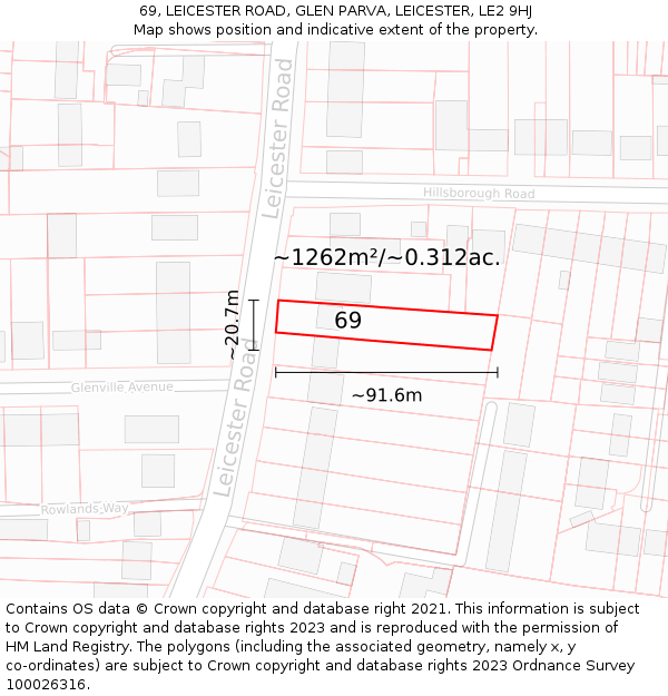 69, LEICESTER ROAD, GLEN PARVA, LEICESTER, LE2 9HJ: Plot and title map