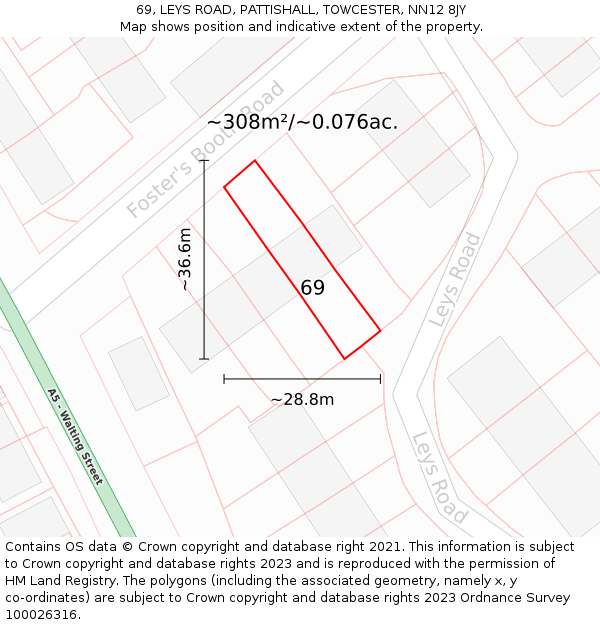 69, LEYS ROAD, PATTISHALL, TOWCESTER, NN12 8JY: Plot and title map