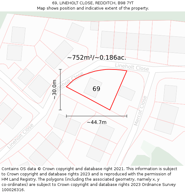 69, LINEHOLT CLOSE, REDDITCH, B98 7YT: Plot and title map