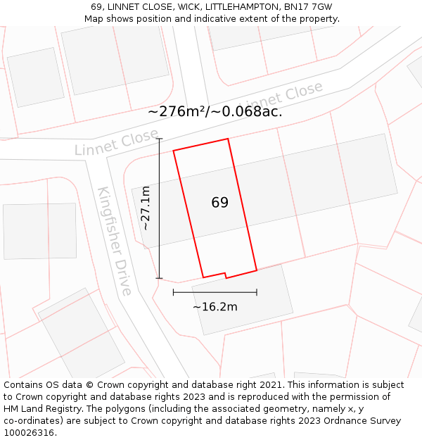 69, LINNET CLOSE, WICK, LITTLEHAMPTON, BN17 7GW: Plot and title map