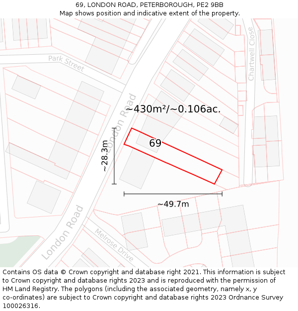 69, LONDON ROAD, PETERBOROUGH, PE2 9BB: Plot and title map