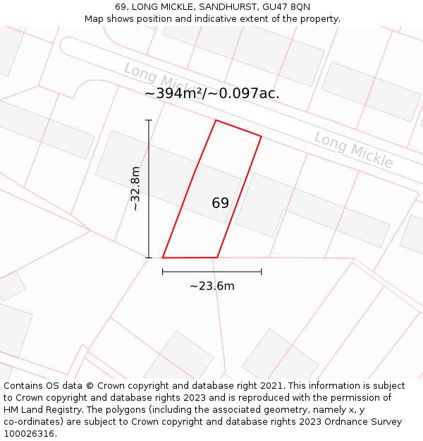 69, LONG MICKLE, SANDHURST, GU47 8QN: Plot and title map