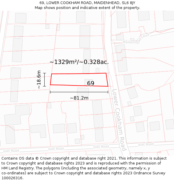 69, LOWER COOKHAM ROAD, MAIDENHEAD, SL6 8JY: Plot and title map
