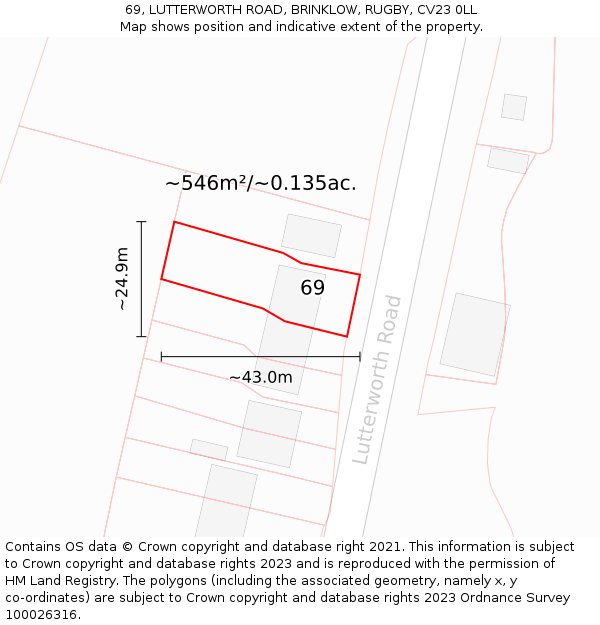 69, LUTTERWORTH ROAD, BRINKLOW, RUGBY, CV23 0LL: Plot and title map