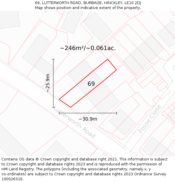 69, LUTTERWORTH ROAD, BURBAGE, HINCKLEY, LE10 2DJ: Plot and title map