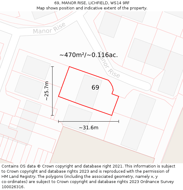 69, MANOR RISE, LICHFIELD, WS14 9RF: Plot and title map