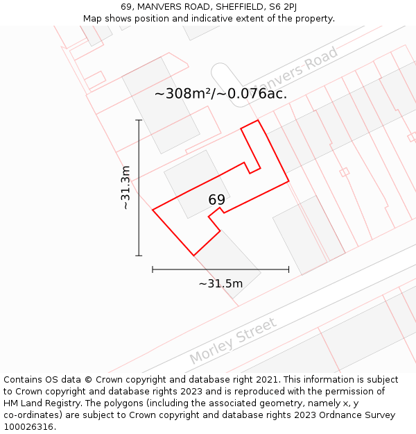 69, MANVERS ROAD, SHEFFIELD, S6 2PJ: Plot and title map