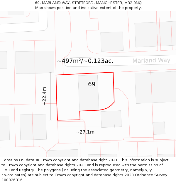 69, MARLAND WAY, STRETFORD, MANCHESTER, M32 0NQ: Plot and title map