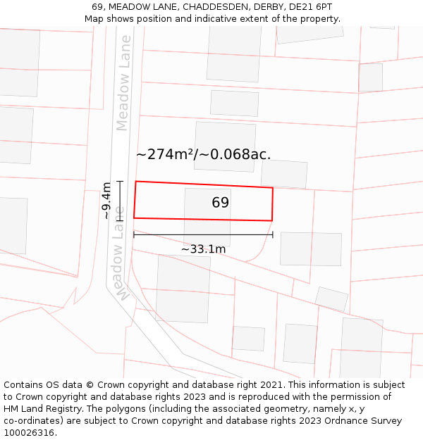 69, MEADOW LANE, CHADDESDEN, DERBY, DE21 6PT: Plot and title map