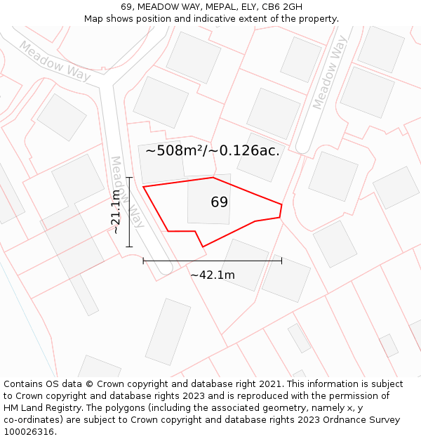 69, MEADOW WAY, MEPAL, ELY, CB6 2GH: Plot and title map