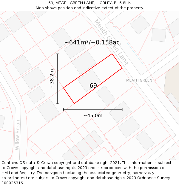 69, MEATH GREEN LANE, HORLEY, RH6 8HN: Plot and title map