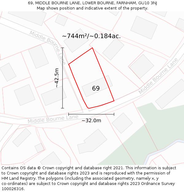69, MIDDLE BOURNE LANE, LOWER BOURNE, FARNHAM, GU10 3NJ: Plot and title map
