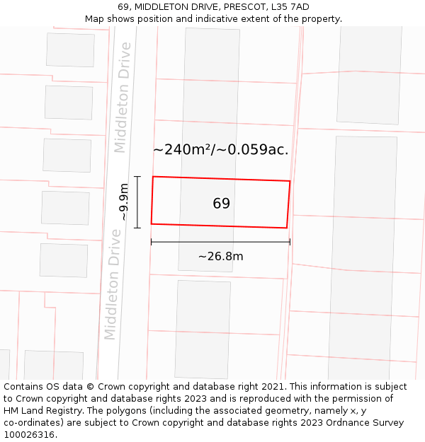 69, MIDDLETON DRIVE, PRESCOT, L35 7AD: Plot and title map