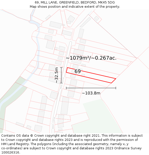 69, MILL LANE, GREENFIELD, BEDFORD, MK45 5DG: Plot and title map