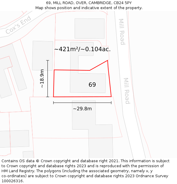 69, MILL ROAD, OVER, CAMBRIDGE, CB24 5PY: Plot and title map