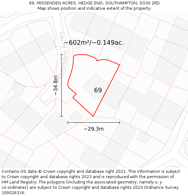 69, MISSENDEN ACRES, HEDGE END, SOUTHAMPTON, SO30 2RD: Plot and title map