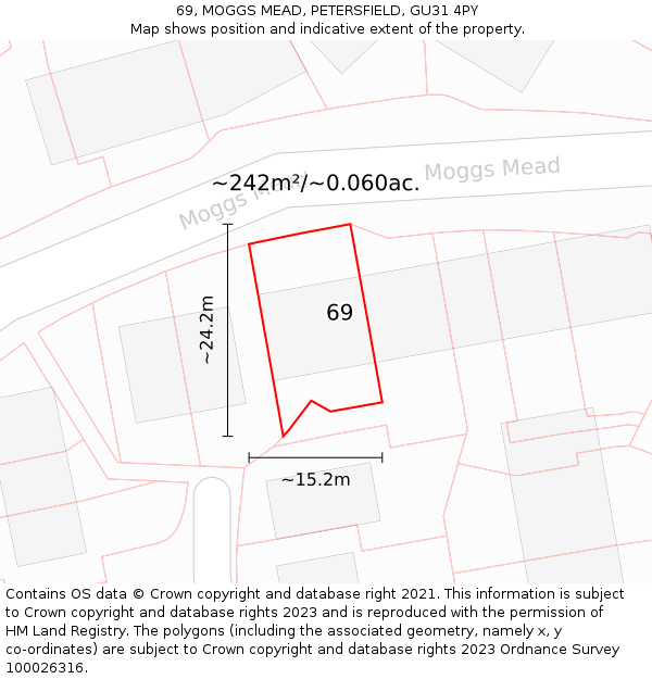 69, MOGGS MEAD, PETERSFIELD, GU31 4PY: Plot and title map