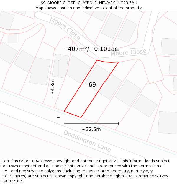 69, MOORE CLOSE, CLAYPOLE, NEWARK, NG23 5AU: Plot and title map