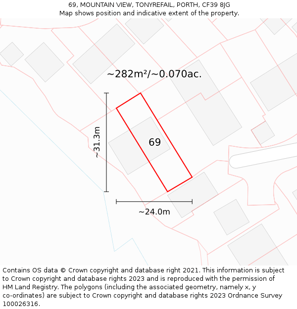69, MOUNTAIN VIEW, TONYREFAIL, PORTH, CF39 8JG: Plot and title map