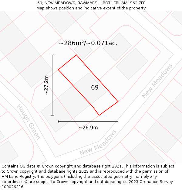 69, NEW MEADOWS, RAWMARSH, ROTHERHAM, S62 7FE: Plot and title map