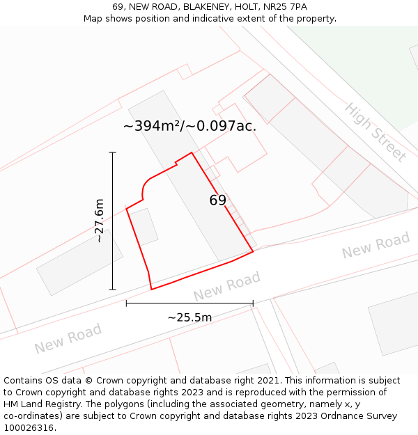 69, NEW ROAD, BLAKENEY, HOLT, NR25 7PA: Plot and title map