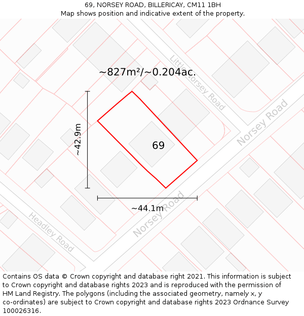 69, NORSEY ROAD, BILLERICAY, CM11 1BH: Plot and title map