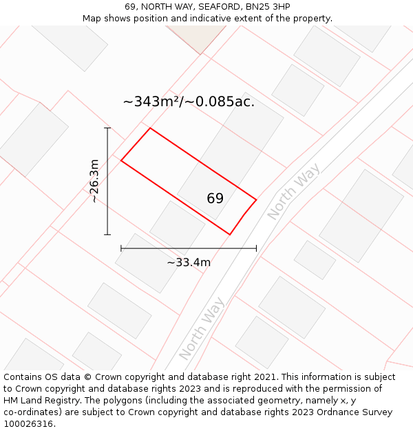69, NORTH WAY, SEAFORD, BN25 3HP: Plot and title map