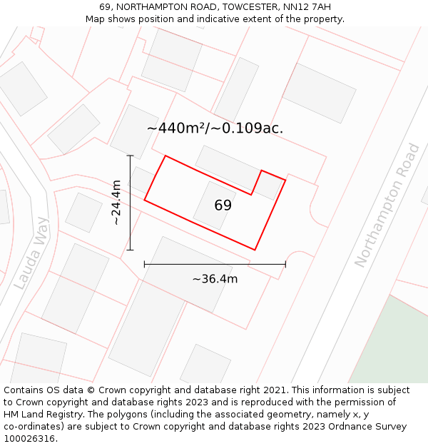 69, NORTHAMPTON ROAD, TOWCESTER, NN12 7AH: Plot and title map