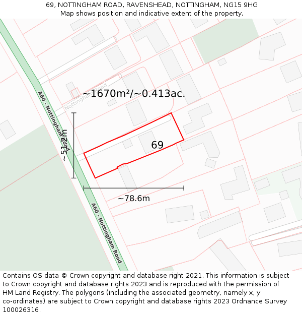 69, NOTTINGHAM ROAD, RAVENSHEAD, NOTTINGHAM, NG15 9HG: Plot and title map