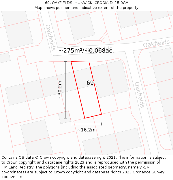 69, OAKFIELDS, HUNWICK, CROOK, DL15 0GA: Plot and title map