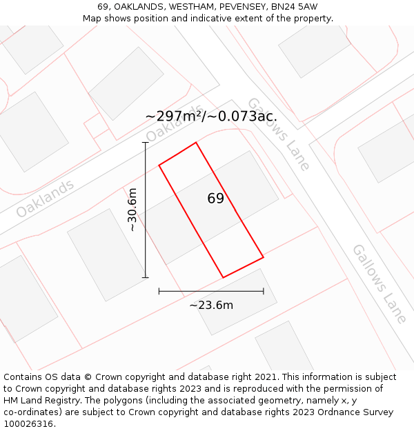 69, OAKLANDS, WESTHAM, PEVENSEY, BN24 5AW: Plot and title map