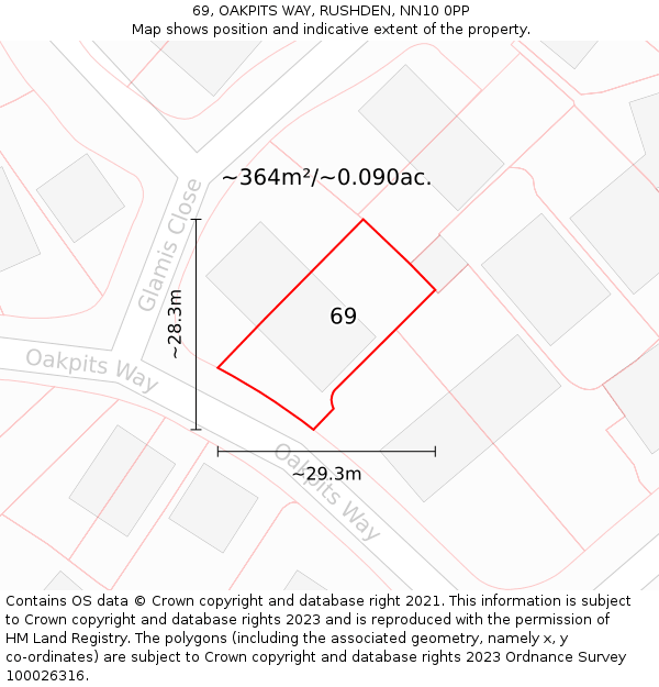 69, OAKPITS WAY, RUSHDEN, NN10 0PP: Plot and title map