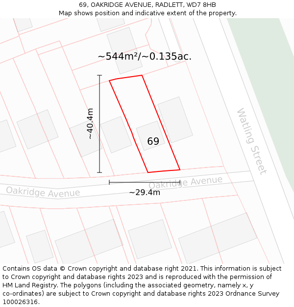 69, OAKRIDGE AVENUE, RADLETT, WD7 8HB: Plot and title map