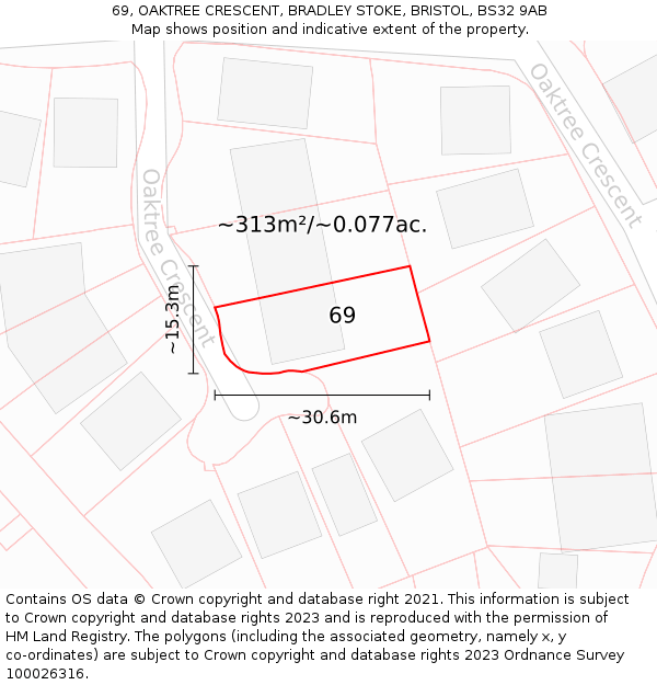 69, OAKTREE CRESCENT, BRADLEY STOKE, BRISTOL, BS32 9AB: Plot and title map